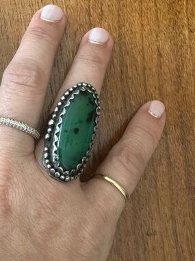 Sterling Silver Moss Agate Statement Ring - Handcrafted Style